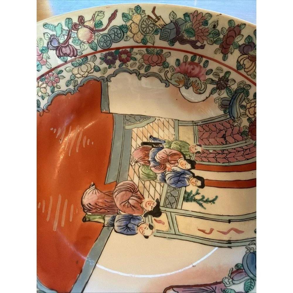 Vintage Chinese Famille Rose Porcelain Serving Bowl w/ Figures & Shou Symbol 10
